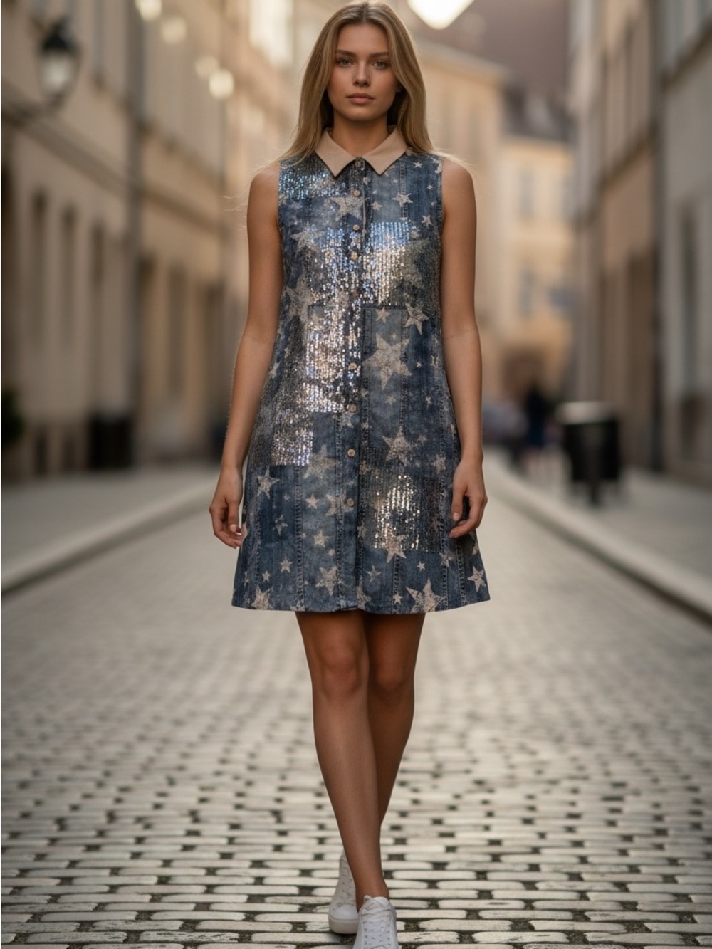 NEW Origami Sleeveless Star-Sequin A-Line Mini Dress in Blue